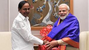 Telangana chief minister K Chandrasekhar Rao with Prime Minister Narendra Modi in New Delhi on Friday.(HT PHOTO.) Telangana chief minister K Chandrasekhar Rao with Prime Minister Narendra Modi in New Delhi on Friday.(HT PHOTO.)