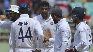 Indian bowler Ravichandran Ashwin, centre, celebrates with team members after dismissing South Africa's captain Faf du Plessis.(AP) Indian bowler Ravichandran Ashwin, centre, celebrates with team members after dismissing South Africa's captain Faf du Plessis.(AP)