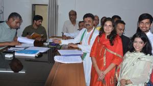 Congress candidate from Panchkula Chander Mohan submitting his nomination papers for the upcoming Haryana assembly polls at the SDM’s office on Friday.(Sant Arora/HT) Congress candidate from Panchkula Chander Mohan submitting his nomination papers for the upcoming Haryana assembly polls at the SDM’s office on Friday.(Sant Arora/HT)