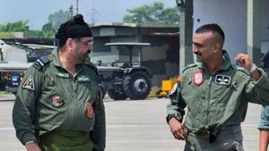 Former Air Chief Marshal BS Dhanoa and Wing Commander Abhinandan Varthaman after a sortie on a MiG 21 jet, at Airforce Station, Pathankot.(PTI) Former Air Chief Marshal BS Dhanoa and Wing Commander Abhinandan Varthaman after a sortie on a MiG 21 jet, at Airforce Station, Pathankot.(PTI)