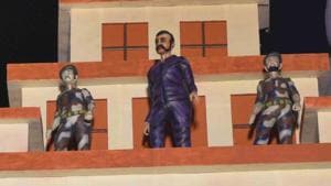 Models of Indian Air Force personnel and terrorists with weapons in their hands and an aircraft hovering over them have been shown in the pandal.(Photo:Samir Jana / Hindustan Times) Models of Indian Air Force personnel and terrorists with weapons in their hands and an aircraft hovering over them have been shown in the pandal.(Photo:Samir Jana / Hindustan Times)