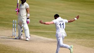 Indian bowler Mohammed Shami celebrates after dismissal of South African skipper Faf du Plessis(PTI) Indian bowler Mohammed Shami celebrates after dismissal of South African skipper Faf du Plessis(PTI)