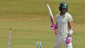South Africa's captain Faf du Plessis reacts after being dismissed by India's Mohammed Shami.(AP) South Africa's captain Faf du Plessis reacts after being dismissed by India's Mohammed Shami.(AP)