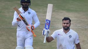 India's Rohit Sharma celebrates his century(PTI) India's Rohit Sharma celebrates his century(PTI)
