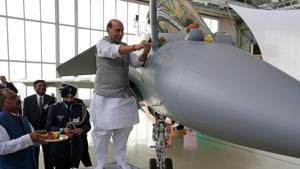India's Defence Minister Rajnath Singh blesses the first Rafale fighter to the Indian Air Force.(Reuters Photo) India's Defence Minister Rajnath Singh blesses the first Rafale fighter to the Indian Air Force.(Reuters Photo)