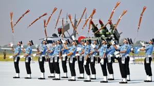 The Air Warriors Drill Team display their skills(Ajay Aggarwal/HT) The Air Warriors Drill Team display their skills(Ajay Aggarwal/HT)