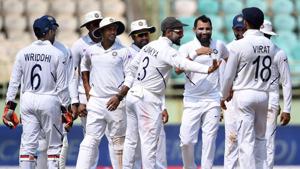 India's Mohammed Shami celebrates with teammates.(PTI) India's Mohammed Shami celebrates with teammates.(PTI)