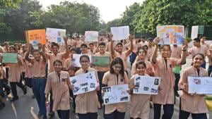 Students and teachers take park in activities to celebrate Mahatma Gandhi's birth anniversary at Sanskriti School in Chanakya Puri, New Delhi on October 1(Sushil Kumar/HT PHOTO) Students and teachers take park in activities to celebrate Mahatma Gandhi's birth anniversary at Sanskriti School in Chanakya Puri, New Delhi on October 1(Sushil Kumar/HT PHOTO)