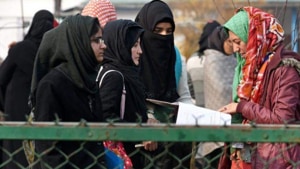 The gates of the Women’s College on Srinagar’s Maulana Azad Road remained locked from inside and only students accompanying their parents were allowed on the campus.(PTI image) The gates of the Women’s College on Srinagar’s Maulana Azad Road remained locked from inside and only students accompanying their parents were allowed on the campus.(PTI image)