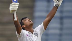Indian cricketer Mayank Agarwal raises his bat after scoring a century during the second India-South Africa cricket test match at Maharashtra Cricket Association Stadium, in Pune, Thursday, Oct. 10, 2019.(PTI) Indian cricketer Mayank Agarwal raises his bat after scoring a century during the second India-South Africa cricket test match at Maharashtra Cricket Association Stadium, in Pune, Thursday, Oct. 10, 2019.(PTI)