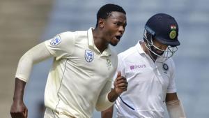Pune: South Africa cricket team player Kagiso Rabada celebrates the dismissal of Cheteshwar Pujara.(PTI) Pune: South Africa cricket team player Kagiso Rabada celebrates the dismissal of Cheteshwar Pujara.(PTI)