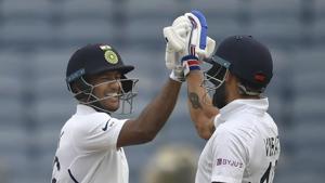 Pune: Indian cricket team player Mayank Agarwal celebrates his century with captain Virat Kohli during the second India-South Africa cricket test match at Maharashtra Cricket Association Stadium in Pune. (PTI) Pune: Indian cricket team player Mayank Agarwal celebrates his century with captain Virat Kohli during the second India-South Africa cricket test match at Maharashtra Cricket Association Stadium in Pune. (PTI)