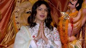 Priyanka Chopra at a Durga Puja pandal in Juhu.(IANS) Priyanka Chopra at a Durga Puja pandal in Juhu.(IANS)