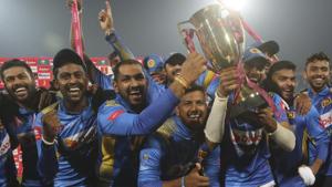 Sri Lankan players celebrate their victory against Pakistan in the final of Twenty20 at the Gaddafi Stadium in Lahore.(AP) Sri Lankan players celebrate their victory against Pakistan in the final of Twenty20 at the Gaddafi Stadium in Lahore.(AP)