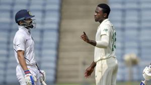 India captain Virat Kohli with South Africa bowler Kagiso Rabada.(PTI) India captain Virat Kohli with South Africa bowler Kagiso Rabada.(PTI)