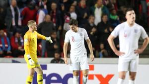 England's Jordan Pickford and Harry Maguire react.(Reuters) England's Jordan Pickford and Harry Maguire react.(Reuters)