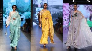 Shruti Sancheti presented an ethereal, pastel-hued line, Falguni Shane Peacock brought back the swinging ’70s glamour on the ramp with statement prints and sequins.(FDCI) Shruti Sancheti presented an ethereal, pastel-hued line, Falguni Shane Peacock brought back the swinging ’70s glamour on the ramp with statement prints and sequins.(FDCI)