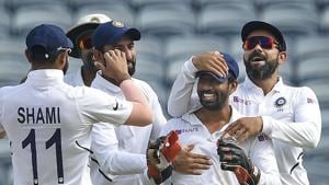 Indian players celebrate the dismissal of South Africa's Theunis de Bruyn.(PTI) Indian players celebrate the dismissal of South Africa's Theunis de Bruyn.(PTI)