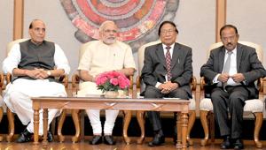 Prime Minister Narendra Modi along with then Union Home Minister Rajnath Singh with NSCN (IM) chief Th Muivah at the signing of the framework agreement to solve the Naga political issue in New Delhi in August 2015.(PIB FILE PHOTO) Prime Minister Narendra Modi along with then Union Home Minister Rajnath Singh with NSCN (IM) chief Th Muivah at the signing of the framework agreement to solve the Naga political issue in New Delhi in August 2015.(PIB FILE PHOTO)