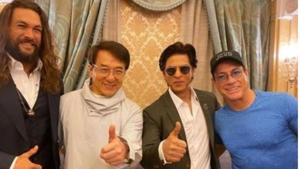Shah Rukh Khan with actors Jason Momoa, Jackie Chan and Jean-Claude van Damme in Riyadh.(Instagram) Shah Rukh Khan with actors Jason Momoa, Jackie Chan and Jean-Claude van Damme in Riyadh.(Instagram)