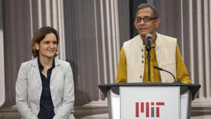 Abhijit Banerjee and his wife Esther Duflo during a news conference with at Massachusetts Institute of Technology on Monday after they were awarded the 2019 Nobel Prize in economics along with Harvard's Michael Kremer.(AP) Abhijit Banerjee and his wife Esther Duflo during a news conference with at Massachusetts Institute of Technology on Monday after they were awarded the 2019 Nobel Prize in economics along with Harvard's Michael Kremer.(AP)