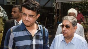 Former cricketer Sourav Ganguly along with N Srinivasan.(PTI) Former cricketer Sourav Ganguly along with N Srinivasan.(PTI)
