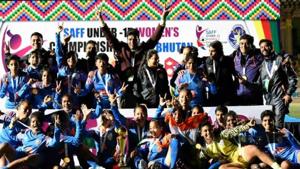 Indian players celebrate after winning the trophy.(AIFF Image)