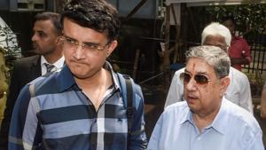 Former cricketer Sourav Ganguly along with N Srinivasan at BCCI headquarters.(PTI) Former cricketer Sourav Ganguly along with N Srinivasan at BCCI headquarters.(PTI)
