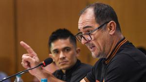 Indian football team captain Sunil Chhetri with Coach Igor Stimac(PTI) Indian football team captain Sunil Chhetri with Coach Igor Stimac(PTI)