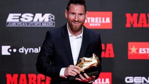 FC Barcelona's Lionel Messi receives his sixth Golden Shoe(REUTERS) FC Barcelona's Lionel Messi receives his sixth Golden Shoe(REUTERS)