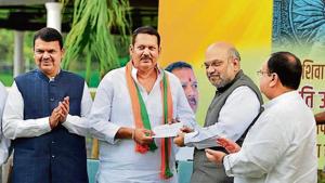 Rebel NCP leader Udayanraje Bhosale joined BJP in the presence of party president and Union home minister Amit Shah and Maharashtra CM Devendra Fadnavis in September.(PTI Photo) Rebel NCP leader Udayanraje Bhosale joined BJP in the presence of party president and Union home minister Amit Shah and Maharashtra CM Devendra Fadnavis in September.(PTI Photo)