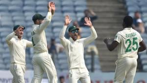 The South African team celebrates Rohit Sharma’s wicket.(Pratham Gokhale/HT Photo) The South African team celebrates Rohit Sharma’s wicket.(Pratham Gokhale/HT Photo)