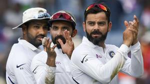 Indian cricket captain Virat Kohli with teammates Ajinkya Rahane and Rohit Sharma.(PTI) Indian cricket captain Virat Kohli with teammates Ajinkya Rahane and Rohit Sharma.(PTI)