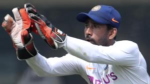 India's Wriddhiman Saha prepares to catch the ball during a training session.(AP) India's Wriddhiman Saha prepares to catch the ball during a training session.(AP)