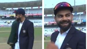 India captain Virat Kohli could not control his laughter at toss of the 3rd Test against South Africa(screen grab) India captain Virat Kohli could not control his laughter at toss of the 3rd Test against South Africa(screen grab)