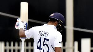 Ranchi: Indian cricketer Rohit Sharma raises his bat after scoring century.(PTI)