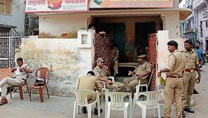 Cops deployed outside Tiwari’s house-cum-residence.(HT Photo) Cops deployed outside Tiwari’s house-cum-residence.(HT Photo)