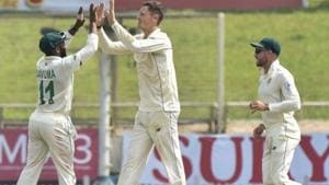 South Africa's bowler George Linde celebrates with teammates after dismissing Indian batsman Ajinkya Rahane.(PTI) South Africa's bowler George Linde celebrates with teammates after dismissing Indian batsman Ajinkya Rahane.(PTI)