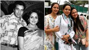 Hema Malini with husband Dharmendra and daughters, Esha and Ahana.(Instagram) Hema Malini with husband Dharmendra and daughters, Esha and Ahana.(Instagram)