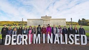 Pro-choice activists take part in a photo call in the grounds of Stormont Parliament, Belfast, October 21, 2019(AP) Pro-choice activists take part in a photo call in the grounds of Stormont Parliament, Belfast, October 21, 2019(AP)