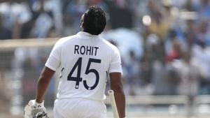 India's Rohit Sharma looks skywards to celebrate scoring double century.(AP) India's Rohit Sharma looks skywards to celebrate scoring double century.(AP)