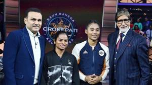 Amitabh Bachchan hosted Virender Sehwag, Dutee Chand and Hima Das on the sets of Kaun Banega Crorepati. Amitabh Bachchan hosted Virender Sehwag, Dutee Chand and Hima Das on the sets of Kaun Banega Crorepati.