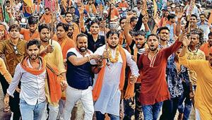 Member of different Hindu organisations demonstrating during a march in protest of recent murder of Hindu Samaj party chief Kamlesh Tiwari in Uttar Pradesh in Jamshedpur on Sunday.(Photo by Manoj Kumar/ Hindustan Times) Member of different Hindu organisations demonstrating during a march in protest of recent murder of Hindu Samaj party chief Kamlesh Tiwari in Uttar Pradesh in Jamshedpur on Sunday.(Photo by Manoj Kumar/ Hindustan Times)
