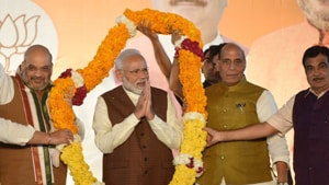 Prime Minister Narendra Modi is garlanded as he arrives to addresses party supporters after Haryana and Maharashtra election results at party headquarters, in New Delhi, India, on Thursday, October 24, 2019. (Photos by Burhaan Kinu/ Hindustan Times)