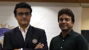 Newly-elected President of the Board of Control for Cricket in India (BCCI) Sourav Ganguly and Treasurer Arun Dhumal stand for a photograph.(AP) Newly-elected President of the Board of Control for Cricket in India (BCCI) Sourav Ganguly and Treasurer Arun Dhumal stand for a photograph.(AP)