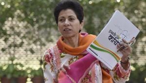 Haryana Congress President Kumari Selja addresses a press conference in October 20, 2019.(Sanjeev Verma/HT PHOTO) Haryana Congress President Kumari Selja addresses a press conference in October 20, 2019.(Sanjeev Verma/HT PHOTO)