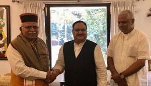 Haryana chief minister ML Khattar meets Bharatiya Janata Party Working President JP Nadda in Delhi.(ANI/ Twitter) Haryana chief minister ML Khattar meets Bharatiya Janata Party Working President JP Nadda in Delhi.(ANI/ Twitter)