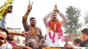 Jannayak Janta Party (JJP) candidate Ramkaran celebrates after his win, in Shahabad, Haryana.(Photo by Sanjeev Sharma/ Hindustan Times) Jannayak Janta Party (JJP) candidate Ramkaran celebrates after his win, in Shahabad, Haryana.(Photo by Sanjeev Sharma/ Hindustan Times)