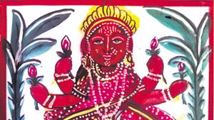 Lakshmi - a Chitera painting. In this genre, there is a profusion of figures of gods, goddesses, animals, birds, flowers and celestial bodies.(Photo courtesy: IGNCA) Lakshmi - a Chitera painting. In this genre, there is a profusion of figures of gods, goddesses, animals, birds, flowers and celestial bodies.(Photo courtesy: IGNCA)
