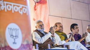 Prime Minister Narendra Modi with Defence Minister Rajnath Singh and others after the party's victory in both Haryana and Maharashtra Assembly polls, at BJP HQ, in New Delhi.(Photo: PTI) Prime Minister Narendra Modi with Defence Minister Rajnath Singh and others after the party's victory in both Haryana and Maharashtra Assembly polls, at BJP HQ, in New Delhi.(Photo: PTI)